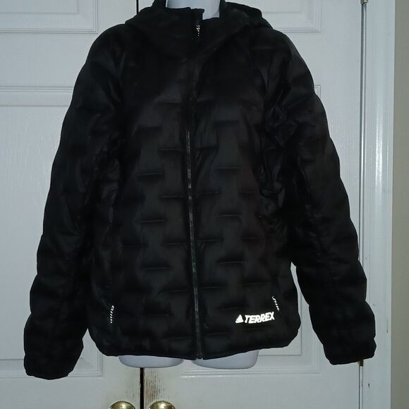 Adidas Terrex Women's Lite Down Hooded Puffer Jacket Style CY8770 Black Sz L - Picture 1 of 7